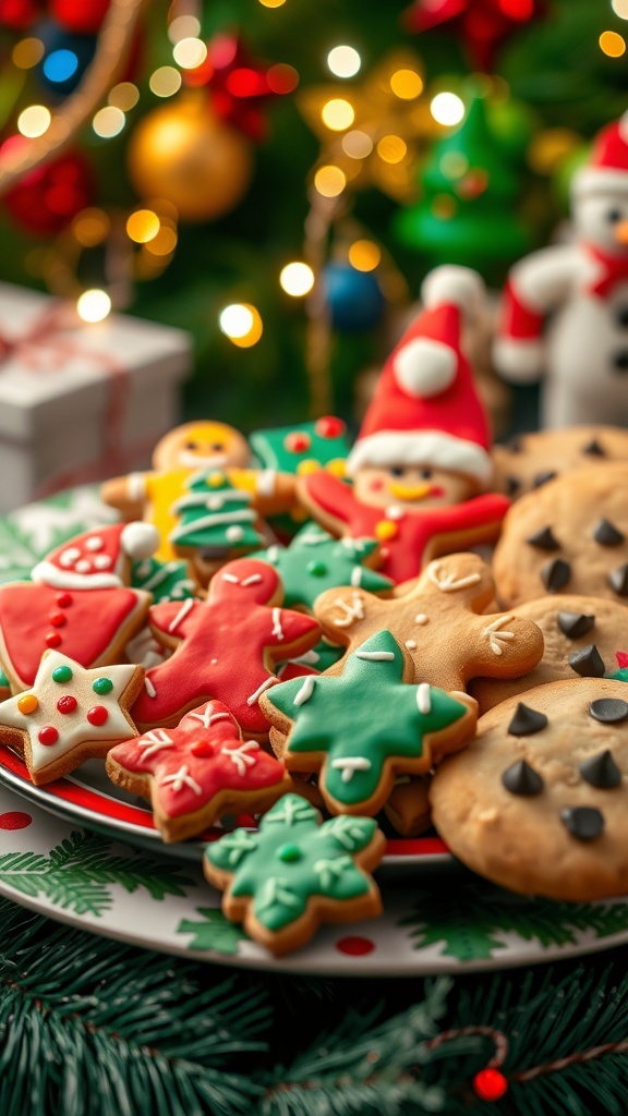 A variety of decorated Christmas cookies on a festive platter with holiday decorations in the background.